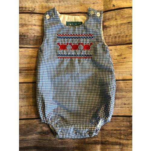 Embroidered Blue Seersucker Bubble with Crabs