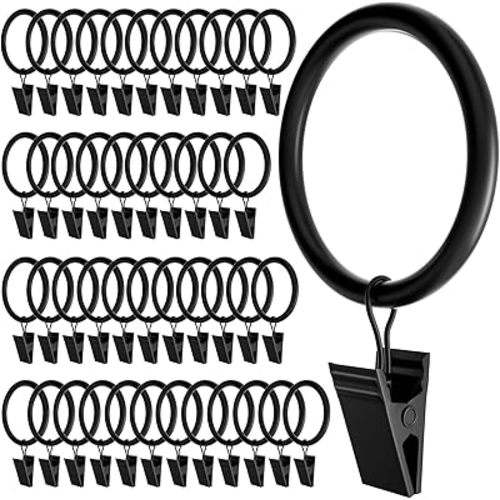44 Pack Black Curtain Rings with Clips, Curtain Hooks for Hanging, Heavy Duty Drapery Rings, Polish Rustproof Curtain Clips Hangers for Drapes, 1.26" Interior Diameter, Fits up to 1.14" Rods