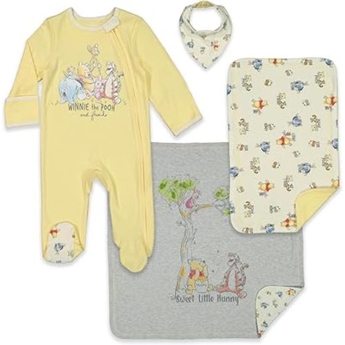 Disney Winnie The Pooh Newborn Baby Boys Sleep N Play Coverall Bib Blanket and Burp Cloth 4 Piece Outfit Set 0-6 Months