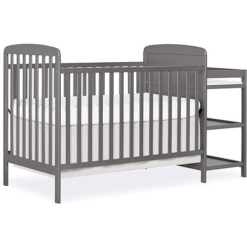 Dream On Me Anna 3-in-1 Convertible Full-Size Baby Crib & Changer with Storage in Steel Grey, GreenGuard Gold & JPMA, Pinewood, Converts to Day & Toddler Bed, 3 Mattress Heights, 1″ Changing Pad