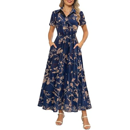 Kranda Women 2026 Summer Collared V Neck Short Sleeve Button Down Chiffon Long Tiered Floral Maxi Dress with Pockets