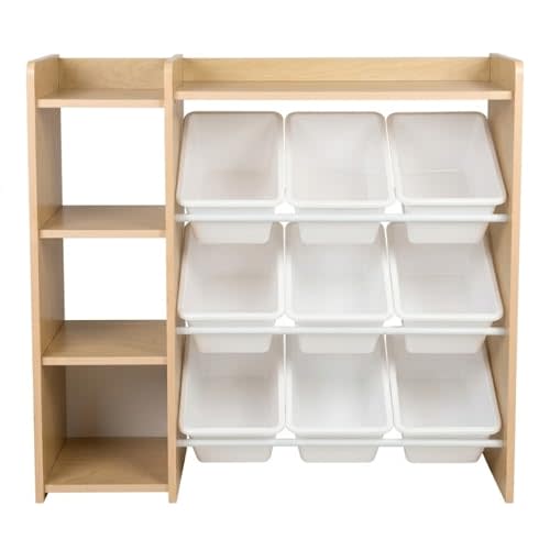 Humble Crew Kids Toy Storage Organizer with Bookshelf, 9 Bins, Solid Wood | Built in side bookshelf, removable bins, solid hardwood, compact 35 in wide, toddler friendly, for playrooms and nurseries