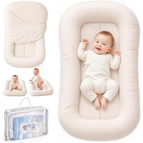 Infant Support Cushion - Breathable Cotton Baby Support Cushion for Babies 0-24 Months, Portable Tummy Time Mat for Home & Travel, Machine Washable, Perfect Baby Registry Gift, White
