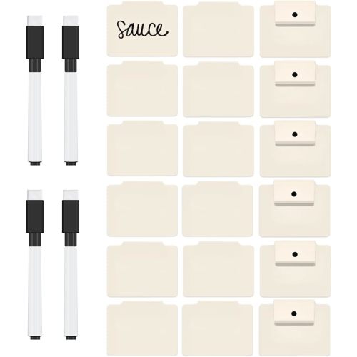 Metal Basket Bin Label Clip on Removable Basket Label Pantry Basket Label Clip with Chalk Markers for Storage Fabric Bin Basket Box 18 Cream Holders + 4 Blue Chalk Makers (18 Holders, Cream)