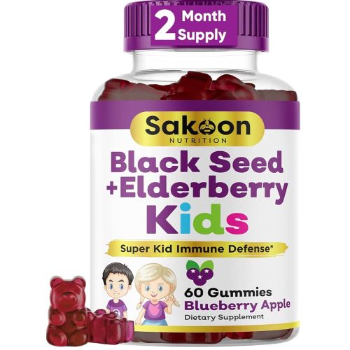 4+ Elderberry & Black Seed Oil Gummies for Kids, Immune Support, with Vitamin C and Zinc, Delicious Berry Flavor, 60 Gummies