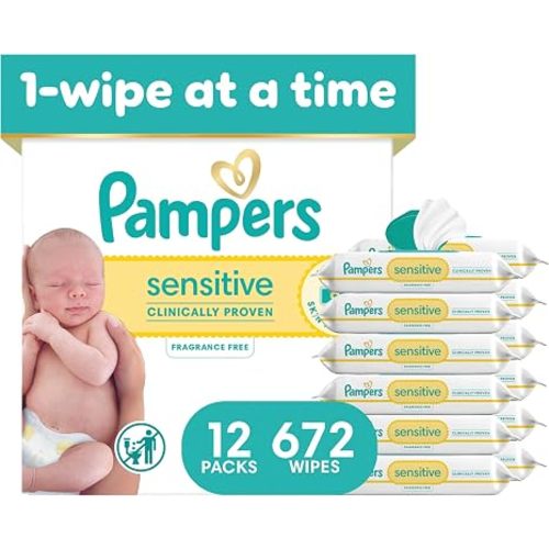Pampers Sensitive Baby Wipes, Unscented, Fragrance Free, Clinically Proven, Water Based, Hypoallergenic, Multi-Use, Hand Wipes, 672 Wipes Total (12X Flip-Top Packs)