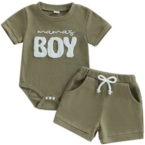 Douhoow Baby Boy Summer Outfits Short Sleeve Mamas Boy Little Dude Embroidery Boy Romper Shorts Set Infant Waffle Clothes