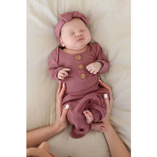 Boysenberry Bamboo Waffle Newborn Baby Knot Gown & Hat Set