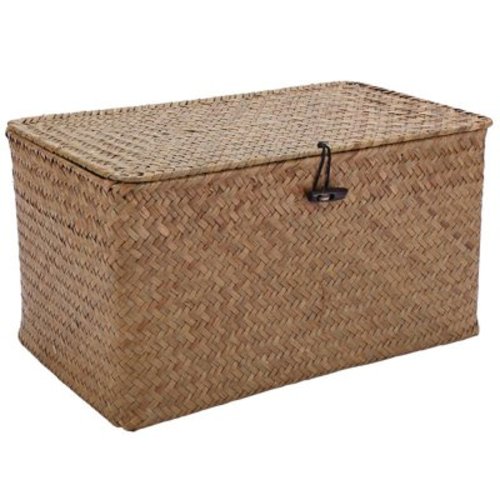 Handmade Straw Woven Storage Basket with Lid Makeup Organizer Storage Box Seagrass Laundry Baskets Rattan (M)