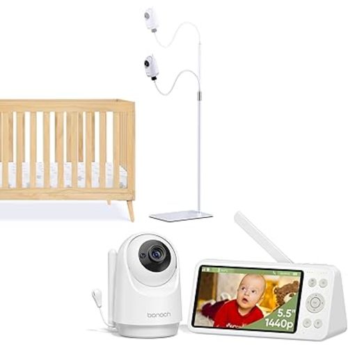 bonoch 5.5" 1440p Baby Monitor with Camera and Audio with Floor Stand Holder, No WiFi Baby Camera, 240h Long-Lasting, Smart Detect Sleep Turn Over/Cry/Motion, Hack Proof, White Noise