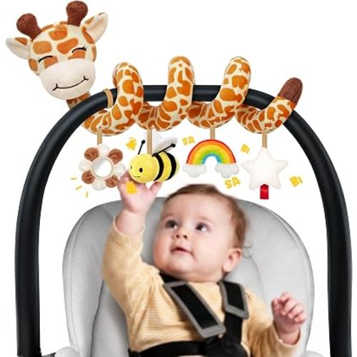 Stuffed Spiral Car Seat Baby Toys 6-12 Months, Infant Giraffe Sensory Toys Hanging Stroller Accessories, Newborn Shower Gifts for Baby Boys Girls Essentials | Cute Colorful Giraffe