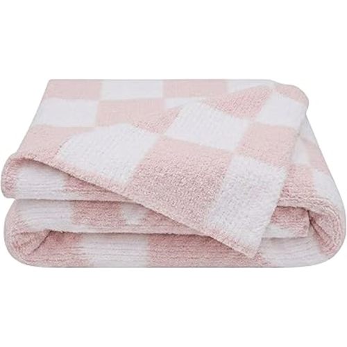 Living Textiles Pink Check Chenille Knitted Soft Baby Blanket - Reversible Premium Cozy Fabric for Best Comfort - for Infant,Toddler,Newborn,Nursery,Girl,Throw,Crib,Stroller