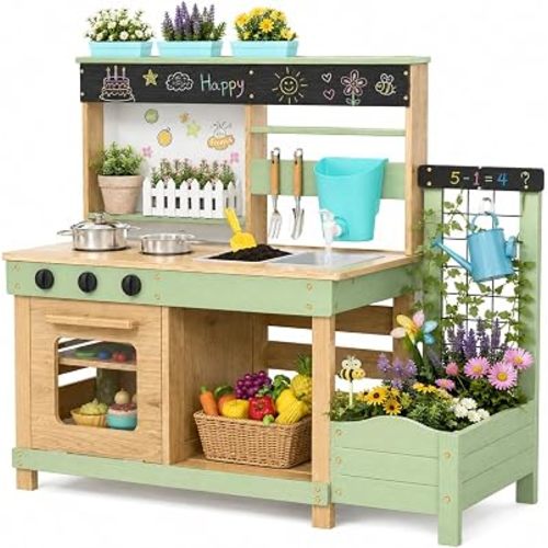 Kids Mud Kitchen Outdoor with Water Tank, Sink & Planter Box
