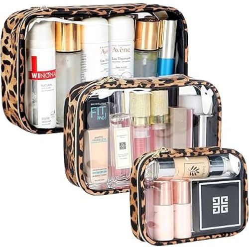 Clear Makeup Bags with Zipper, Tsa Approved Travel Toiletry Bag, 3-Pack (Large,Small&Mini) Clear Cosmetic Bag, Waterproof Make Up Bag for Women, Ideal for Carry-on Luggage