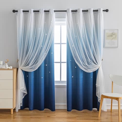 Anytime Dream Star Blackout Curtains for Kids Rooms Girl Princess Curtain for Daughter Bedroom Window (Dark Blue,1 Panel,W52 x L63inch)