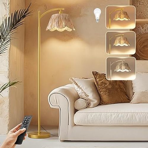 Oneach Arc Floor Lamp for Living Room with 3 Color Temperatures, Rattan Boho Floor Lamp with Hand-Woven Wicker Shade,Farmhouse Floor Lamps with Remote & Dimmable Bulb, Suitable for Bedroom（Gold）