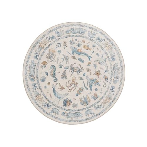 Soft Marine Animal Washable Faux Wool Stain Resistant Rug Rubber Non-Slip Backing for Playroom Bathroom Living Room Bedroom Bedside Beachy Cute Coastal Nautical Nursery Rug (Blue Multi, 6' Round)