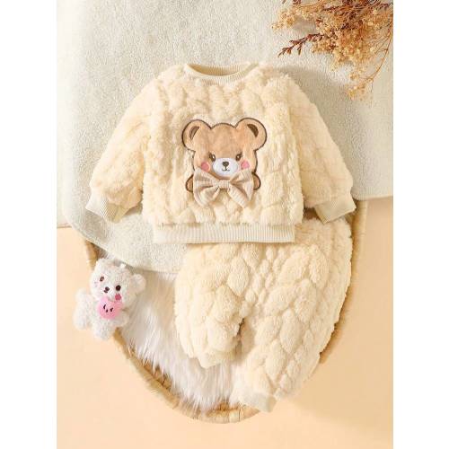 SHEIN 2pcs Baby Clothes Set, Cute Bear Head Pattern Sweatshirt And Fuzzy Long Pants, Sweet And Adorable, Autumn/Winter | SHEIN USA