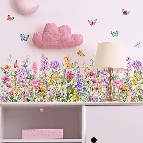 Wildflower Wall Decals Peel & Stick Floral Wall Art - Removable Flower Wall Stickers for Girls Bedroom Nursery Living Room DIY Home Decor with Butterflies Vines Daisies