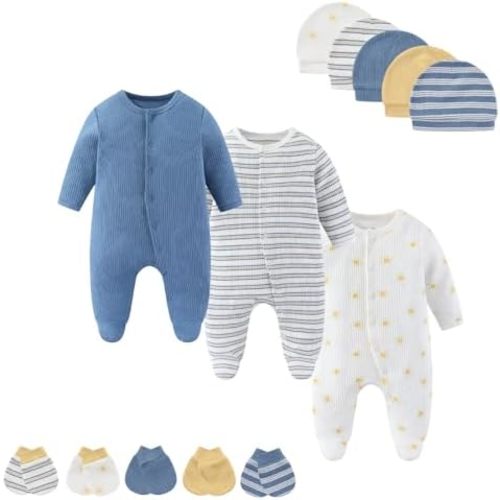Baby Boy Girls Clothes 2-Way Zip Footed Long Sleeve 100% Cotton,Newborn Caps and Scratch Mittens Set 0-6 Months