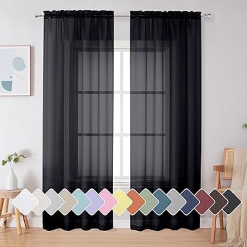 Amazon.com: Simplebrand Black Sheer Curtains 84 Inches Long, Light Filtering Rod Pocket Solid Color Window Sheer Curtain Panels, Elegant Curtains & Drapes for Living Room, Bedroom 2 Panels (Black, 42" W x 84" L) : Home & Kitchen