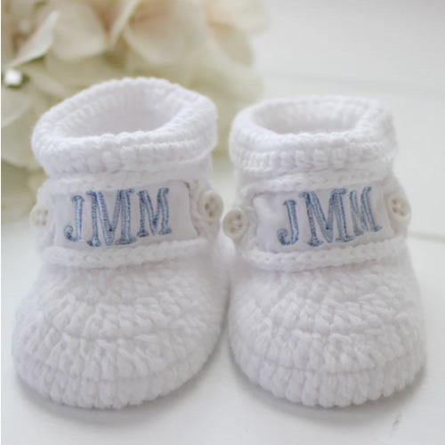 Personalized Baby Booties White Crochet