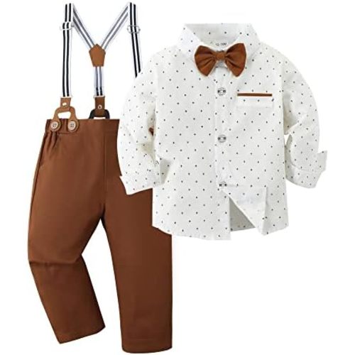 ZOEREA Toddler Baby Boy Suit Clothes Gentleman Wedding Outfits Long Sleeve Dress Shirt + Suspender Pants + Bowtie 1-5T