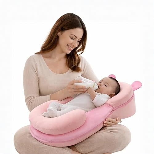 Baby Feeding Pillow - Firm & Secure Adjustable Nursing Pillow with Safety Strap - Baby Body Support Cushion - Pink