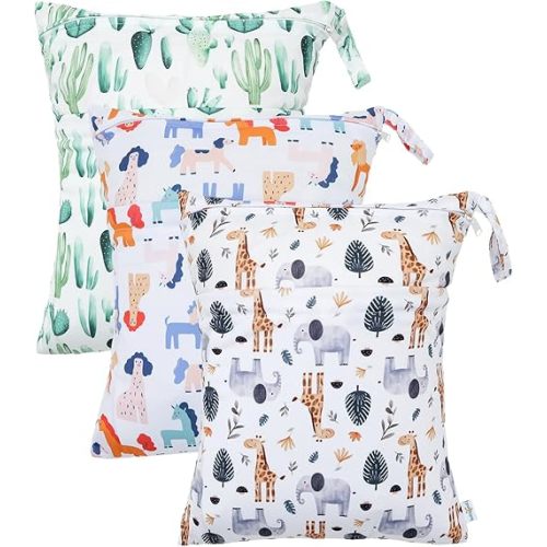 babygoal Animal Wet Dry Bags 3 Pack, Waterproof Travel Bags for Swimsuits, Beach, Pool, Gym,Food Storage and Wet Clothes(Giraffe,Cactus),3LN39-B