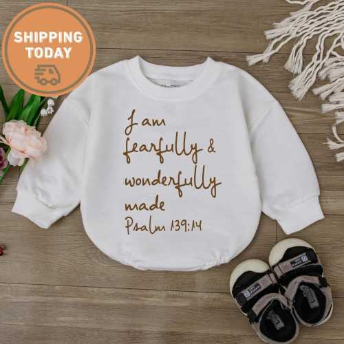 Christian Baby Bodysuit - I Am Fearfully and Wonderfully Made Jesus Romper - Newborn Outfit- Newborn Clothes-Baby Shower Gift- Bubble Romper