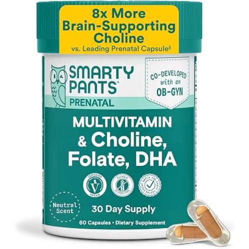 SmartyPants Women’s Prenatal Multivitamin Capsules, OB‑GYN Co‑Developed Prenatal Vitamins with Choline, Folate, Omega 3 DHA, & Iron for Baby’s Development, Gentle on Stomach, 60 Count (30 Day Supply)