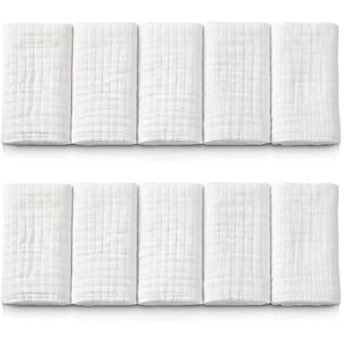 Mère & Moi: Muslin Burp Cloths - 10 Pack, White - 20x10", Soft Cotton, Oeko-TEX, Absorbent & Quick-Dry, Drool Rag, Nursing Cover, Baby & Toddler Care