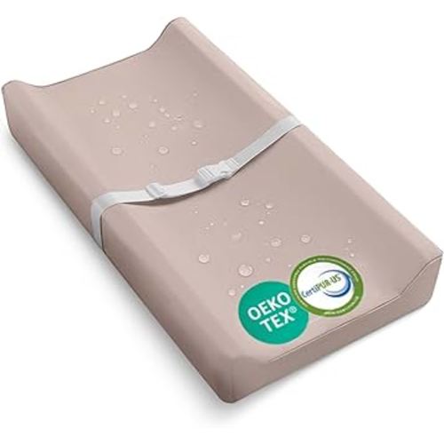 Sleepah Vegan Leather Baby Changing Pad – Contoured Waterproof & Wipeable Foam Changing Pad for Dresser or Table with Removable, Machine-Washable Cover – Standard Size Diaper Changing Pad – Tan