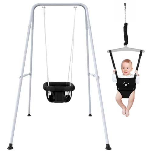 2 in 1 Baby Jumper with Swing - Indoor and Outdoor Use, Baby Jumpers and Bouncers, Toddler Swing with Foldable Stand(Black)