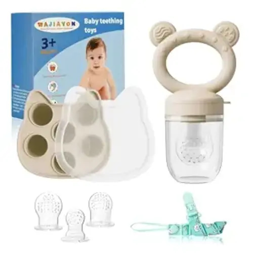 Baby Breastmilk Popsicle Molds & Baby Fruit Feeder, Infant Food Freezer Tray Storage Containers, Silicone Teething Pacifier Feeder and Teether for Babies,Boys and Girls-Beige
