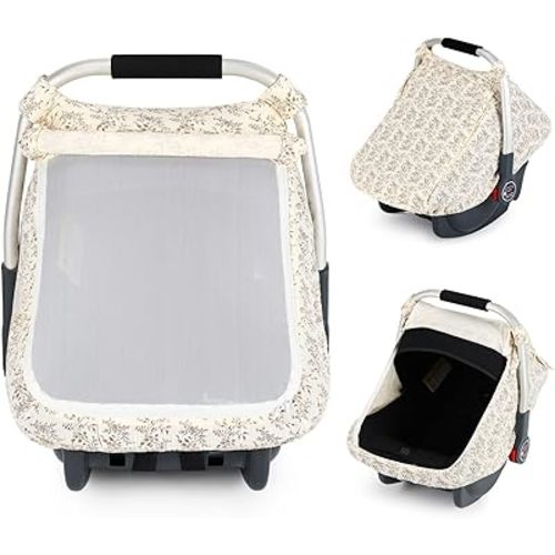 Beberoad Love Baby Car Seat Cover, Breathable Mesh Window & Windproof Canopy, Universal Fit for Infant Car Seats – Lightweight, Easy Install (Beige)