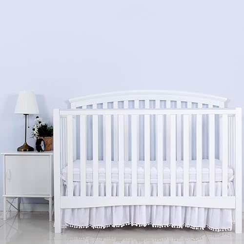 Crib Bed Skirt White for Girls Boys Pleated with Tassel Pompoms Dust Ruffled 14" Drop, Fit All Standard Crib Toddler Bed Skin-Friendly & Soft Machine Washable Nursery Bedding Skirts