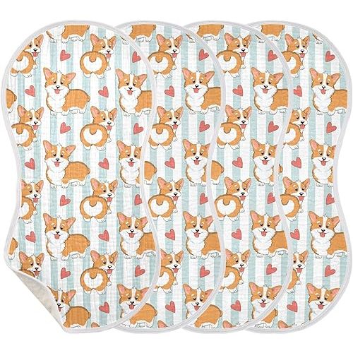Muslin Baby Burp Cloths, Puppy Corgi Dogs Stripes Muslin Washcloths Baby Rags Comfy Soft Absorbent in for Newborn Boys and Girls 4 Piece 22 x 11 Inch