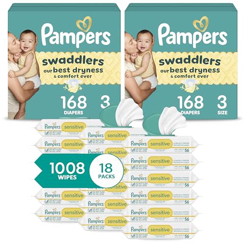 Pampers Swaddlers Disposable Baby Diapers Size 3, 2 Month Supply (2 x 168 Count) Sensitive Water Based Baby Wipes 12X Multi Pack Pop-Top and Refill (1008 Count) [Packaging May Vary]