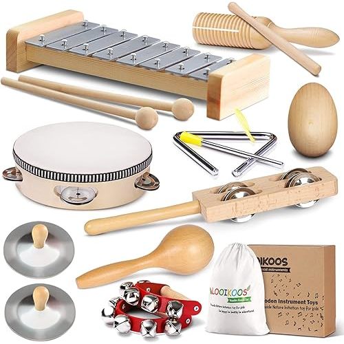 LOOIKOOS Toddler Musical Instruments Natural Wooden Music Set