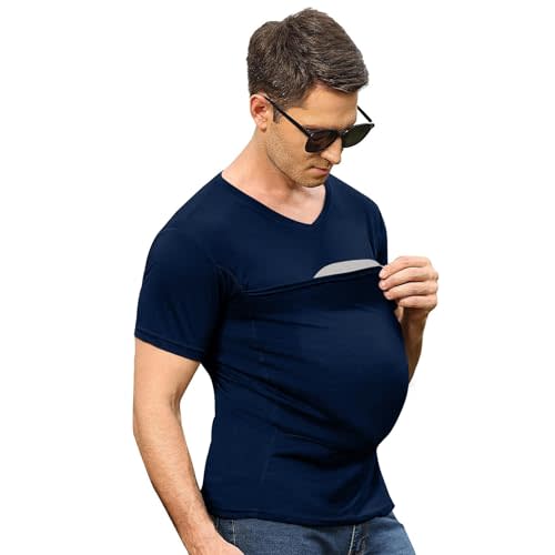 Mens Baby Carrier Shirt V Neck Short Sleeve T-Shirts for Men Skin to Skin T-Shirt with Pocket