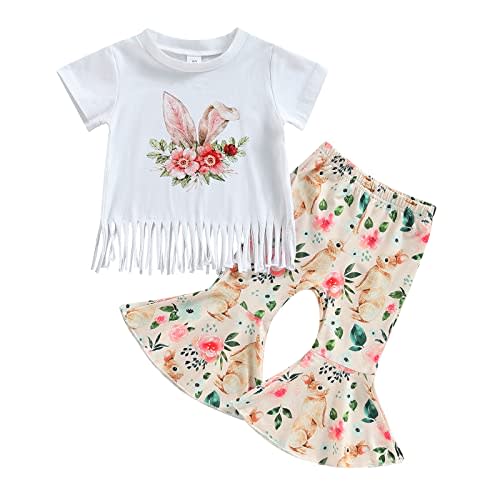 Toddler Baby Girl Easter Outfit Bunny Rabbit Short Sleeve T-Shirt Tops Bell-Bottom Flared Pants Sets Clothes