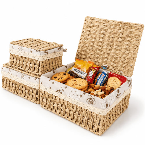 MEHOOM Decorative Storage Baskets, Natural Paper Rope Wicker Baskets with Lid & Liner, Baskets and Bins for Bedroom, Living Room, Kitchen, Table, Home Decor (3 Pack)