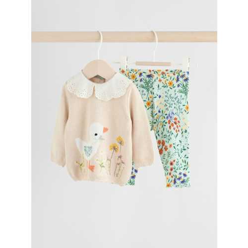 12-18 months.Neutral Duck/ Sage Ditsy Baby Knitted Jumper and Leggings 2 Piece Set (0mths-3yrs)