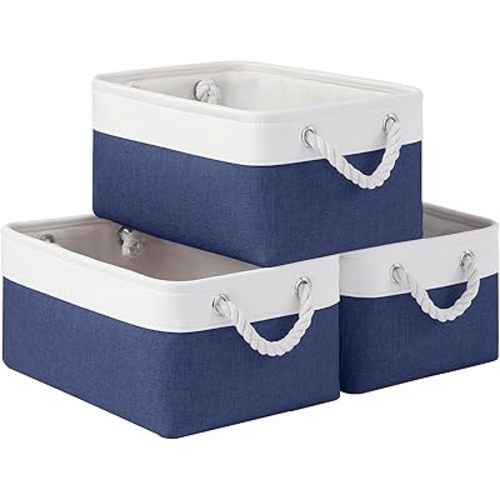 Storage Baskets for Shelves 13.8x9.8x6.7 Inch, Foldable Fabric Storage Bins with Handles, Small Storage Baskets for Organizing Closet, Office, Home Organization (3-Pack, White&Blue)