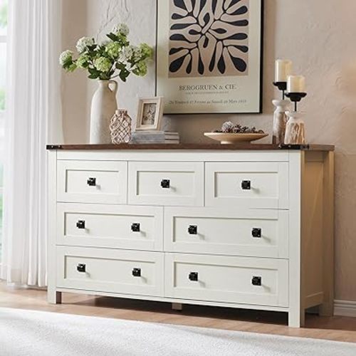 RedLemon Farmhouse 7 Drawer Dresser for Bedroom, 54 Inch Wide Rustic Wood Dresser TV Stand, Dresser Chest of Drawers for Closet, Living Room, Hallway, Antique White