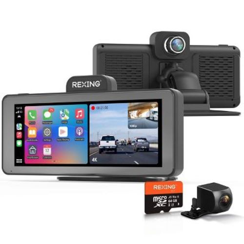 Rexing Wireless Apple CarPlay & Android Auto Display with 4K Dash Cam: Vehicle Electronics Accessory