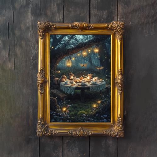 Enchanted Animal Tea Party Cottagecore Print Poster Vintage Woodland Art Dark Academia Wall Decor Antique Illustration Whimsical Decor