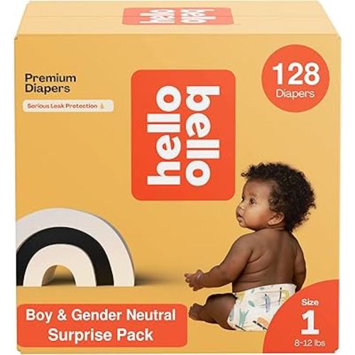 Hello Bello Premium Diapers, Size 1 (8-12 lbs) Surprise Pack for Boys - 128 Count, Hypoallergenic with Soft, Cloth-Like Feel - Assorted Boy & Gender Neutral Patterns
