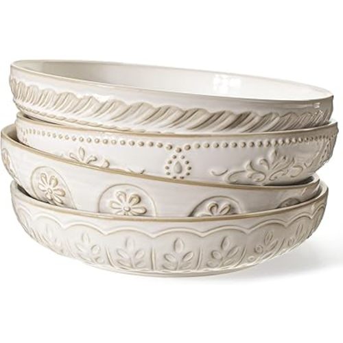 Artena Pasta Bowls, 50oz Large Salad Serving Bowls, 9.75'' Plates Bowls Set of 4, Big White Ceramic Soup Bowls for Kitchen, Embossment Shallow Dinner Bowl, Microwave Dishwasher Safe, Multiple Patterns